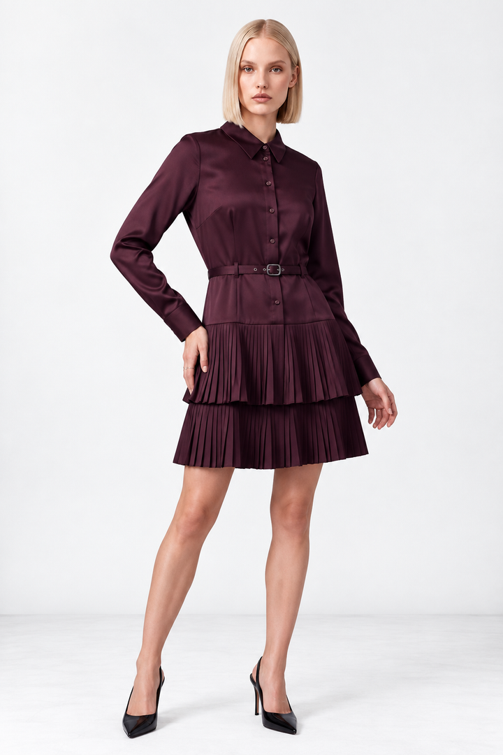 Pleated Shirt Dress- Cherry