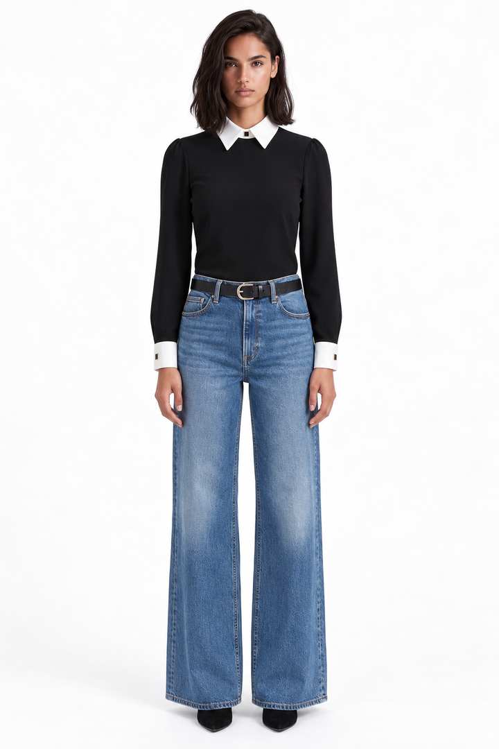 Echo Crepe Collared Top-Blk/White