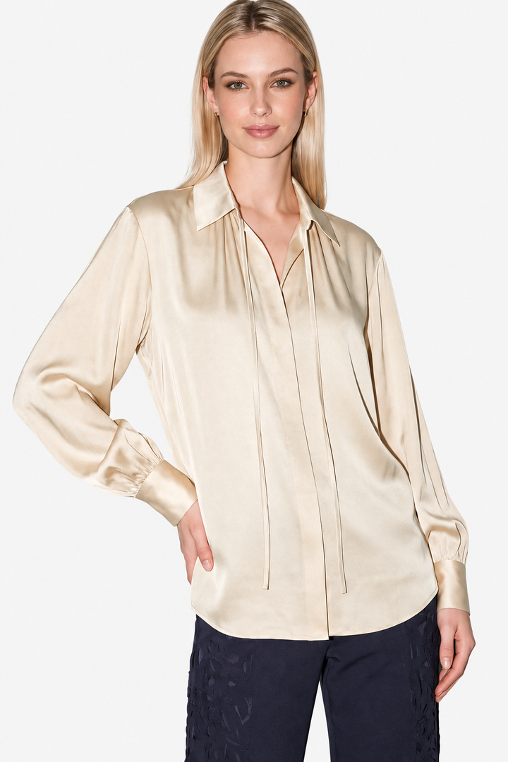 Collar Neck w/Tie Blouse-Ecru