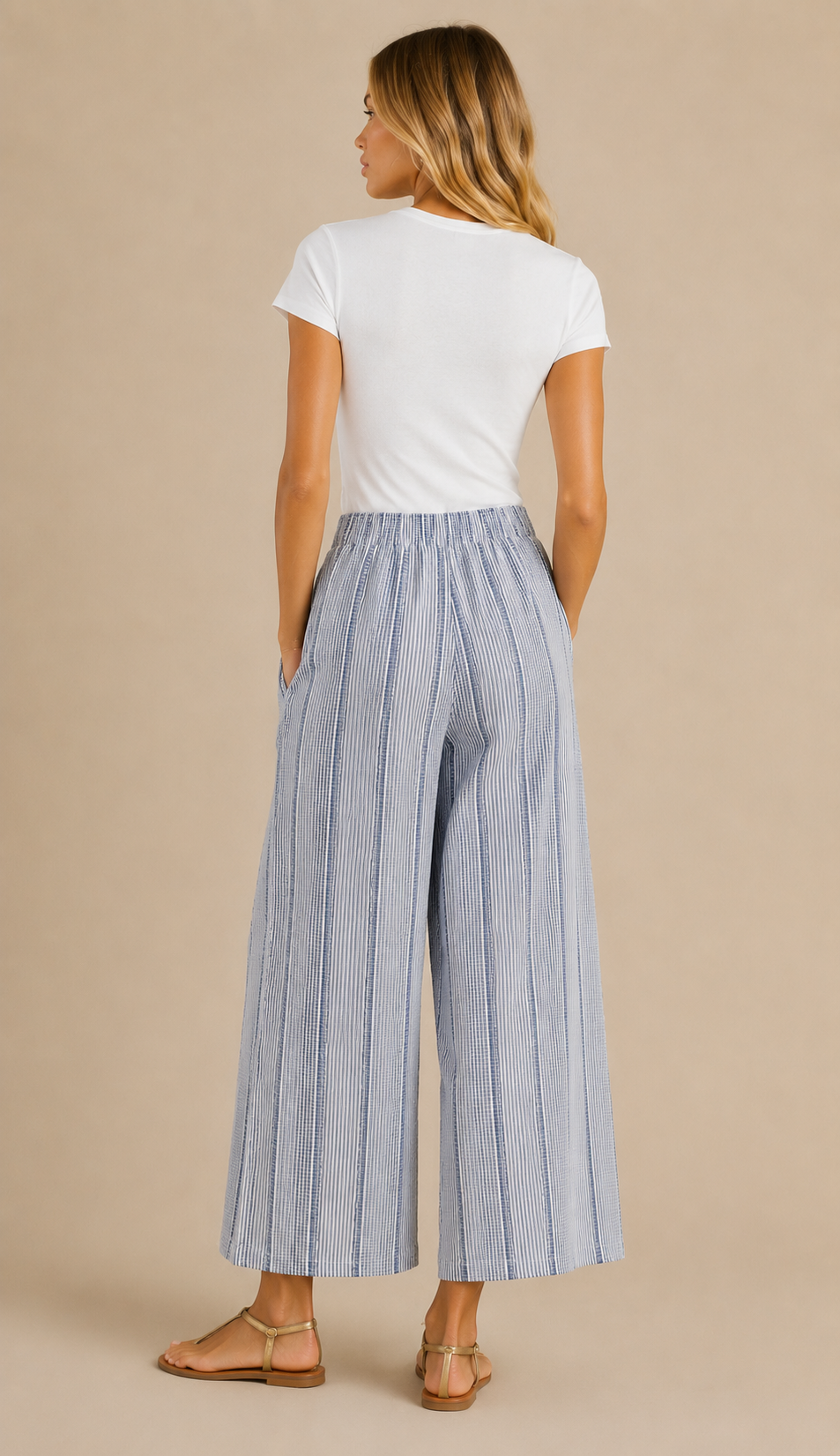 Stripe Check Wide Leg Pants-Blue