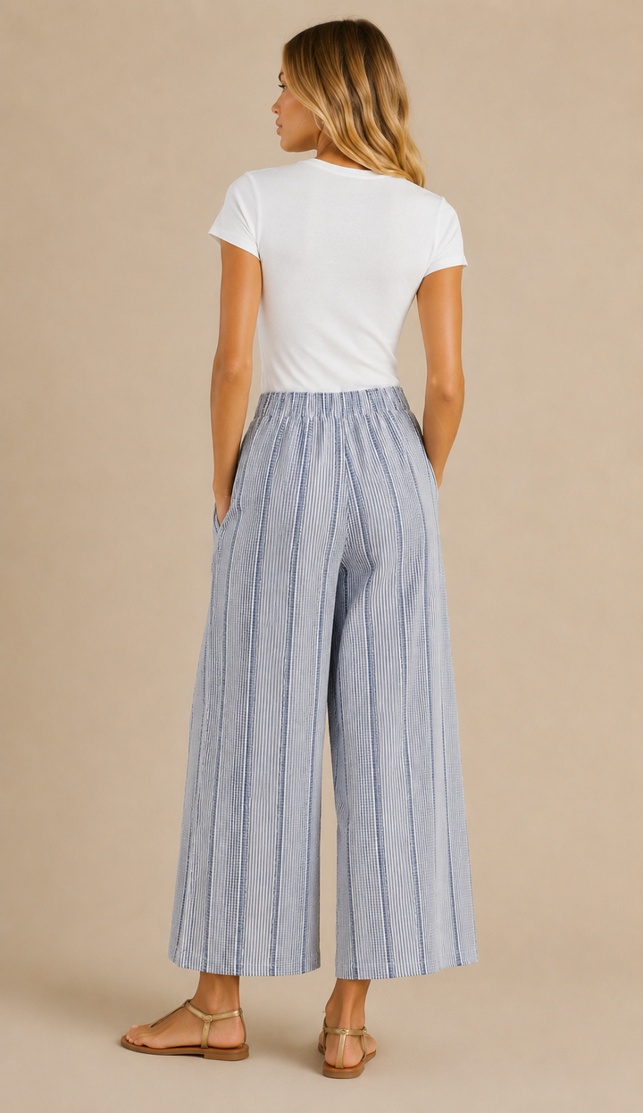 Stripe Check Wide Leg Pants-Blue