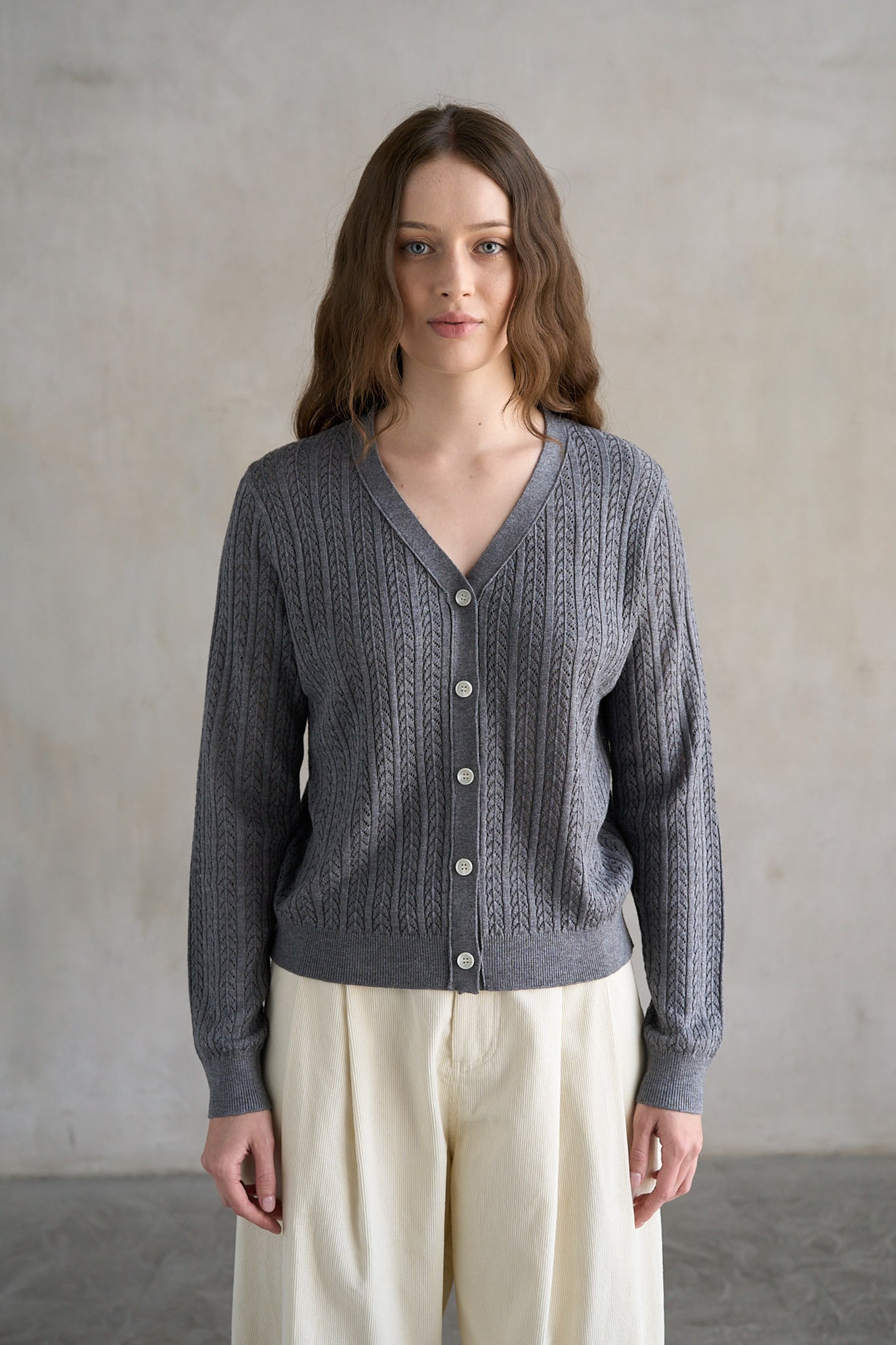 Cable V-Neck Cardigan Charcoal