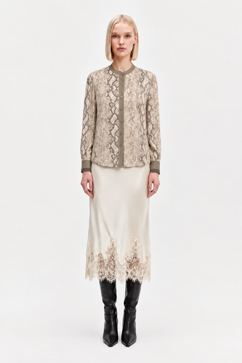 Snake Skin Mandarin Collar Blouse-Taupe