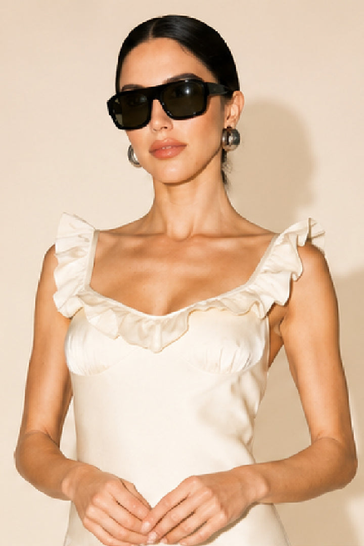 Ruffle Neck Satin Maxi Dress-Butter