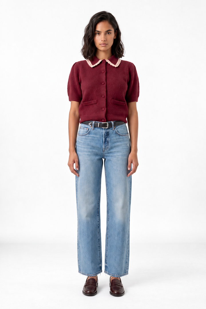 Lace Trimmed Knit Cardigan-Burgundy