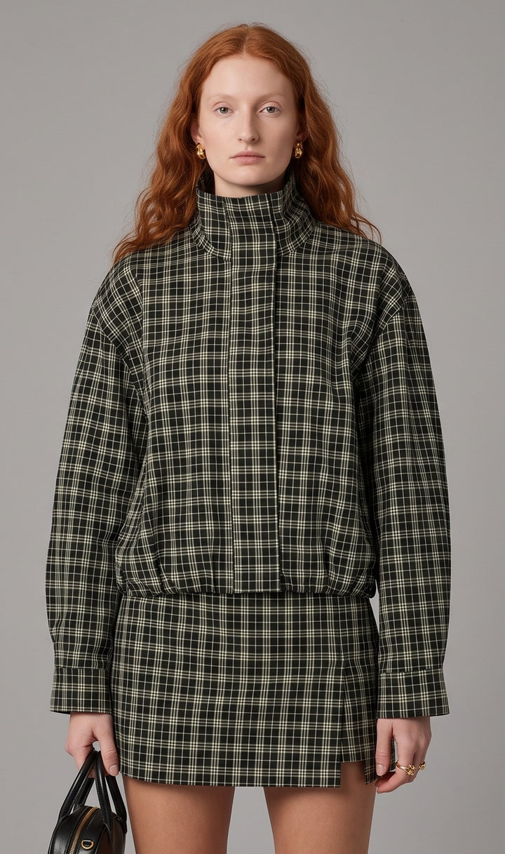 Cooper Funnel Collar Jacket-Black/Green Plaid