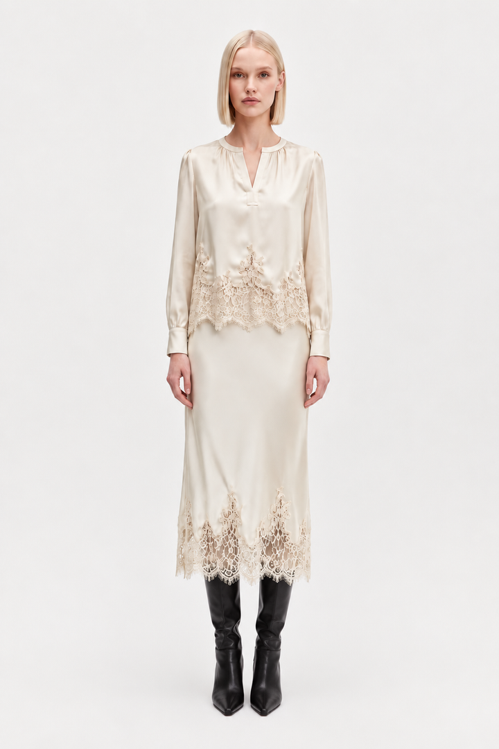 Lace Hem Midi Skirt-Ecru