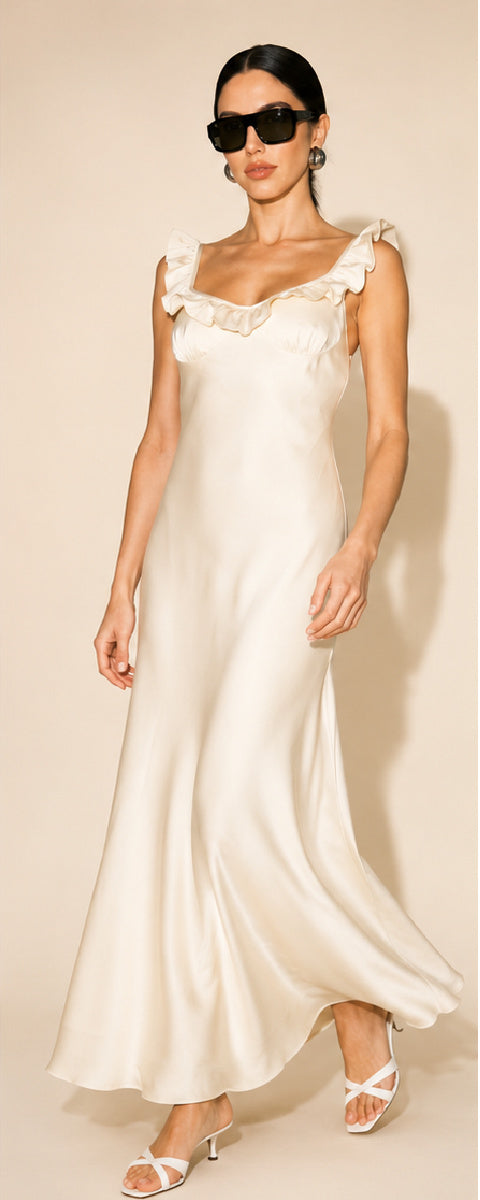 Ruffle Neck Satin Maxi Dress-Butter