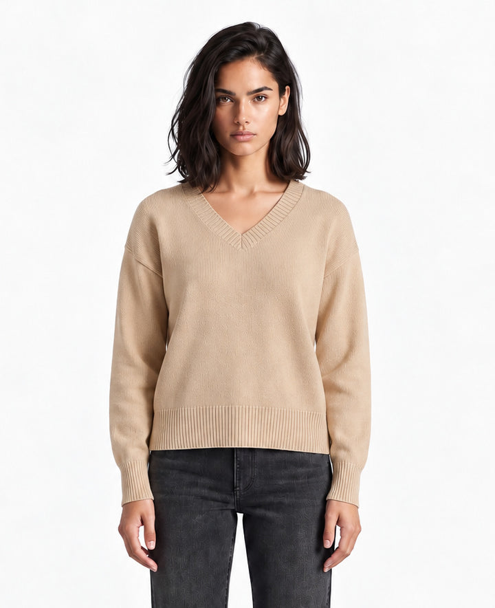 Emily V-Neck Sweater-Wheat