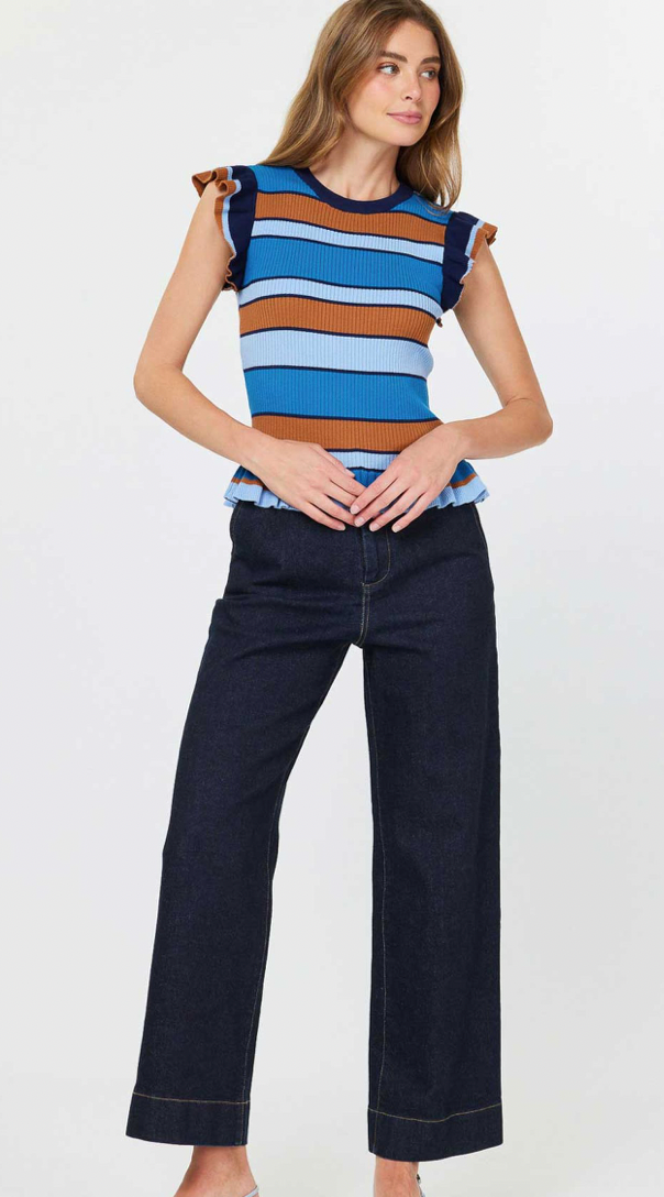 Round Neck Sleeveless Ruffle Hem-Blue Multi