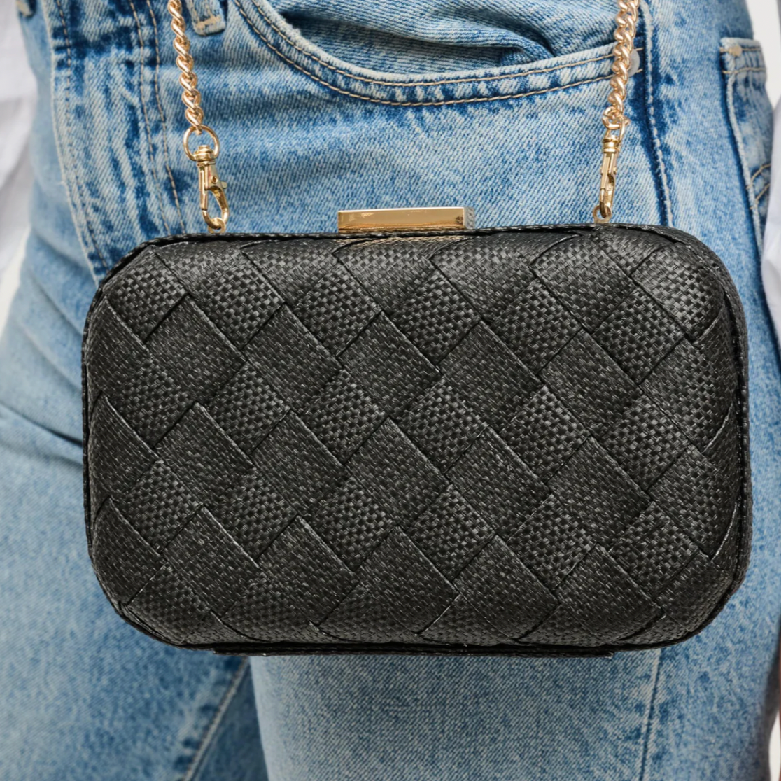 Addie Woven Straw Clutch Black