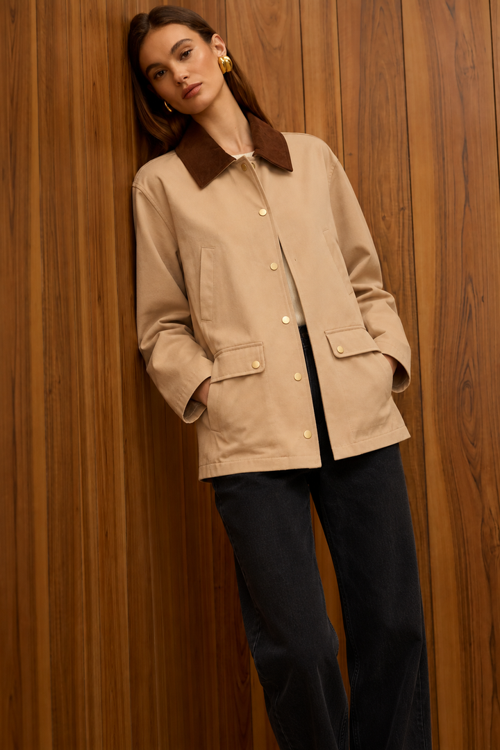 Barn Jacket With Corduroy Collar- Cocoa Brown