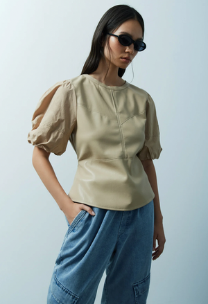 Oska Desert Faux Leather/Poplin Blouse