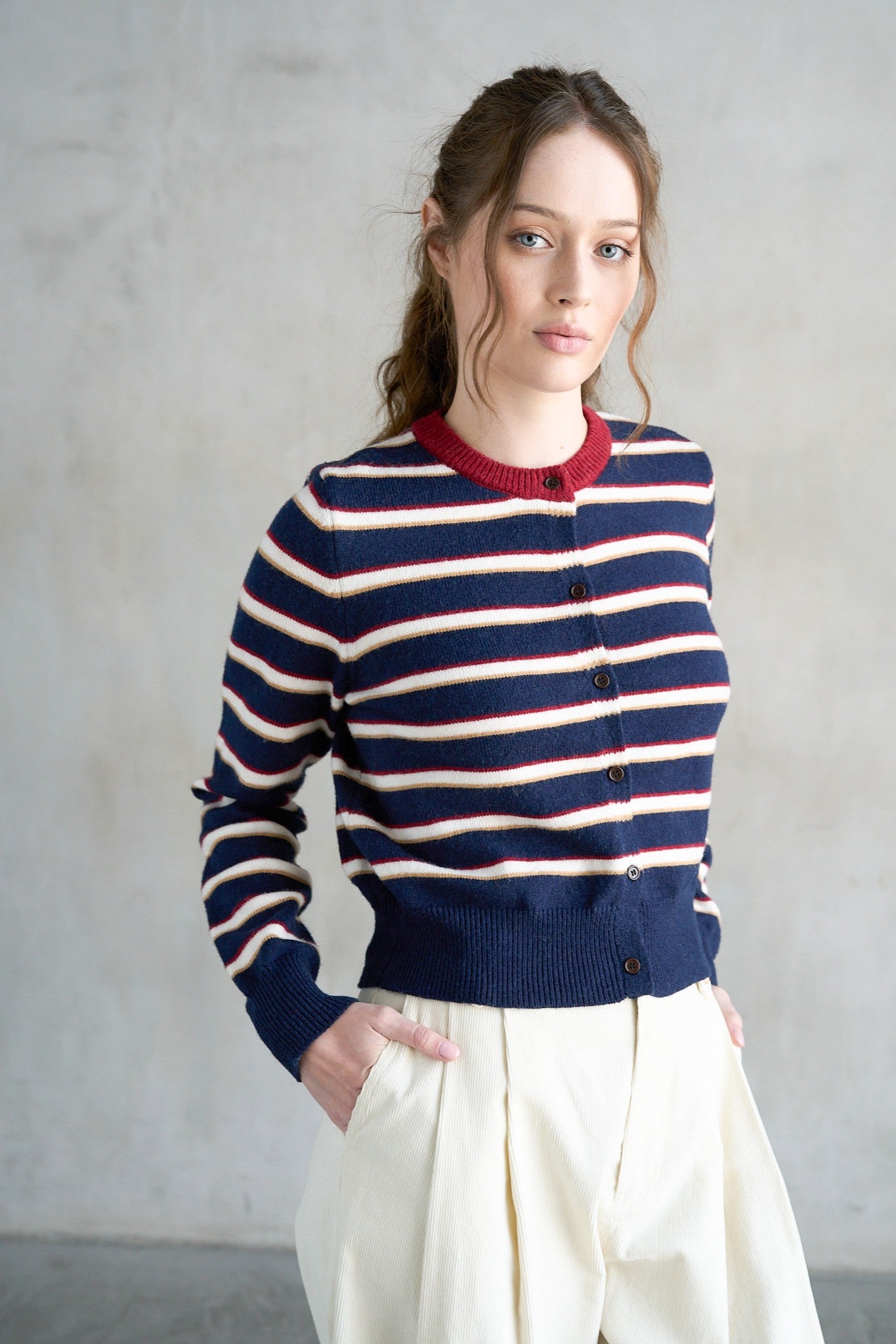 Striped Crew Neck Contrast Cardigan Navy