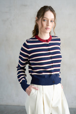 Striped Crew Neck Contrast Cardigan Navy