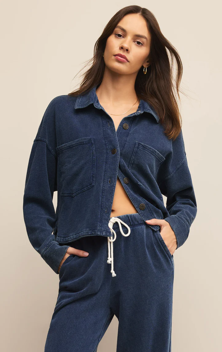 All Day Cropped Knit Denim Jacket Vintage Indigo