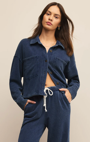 All Day Cropped Knit Denim Jacket Vintage Indigo