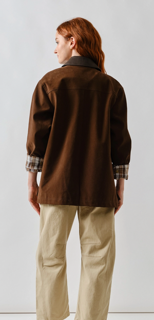 Faux Suede Jacket Leather Collar Brown