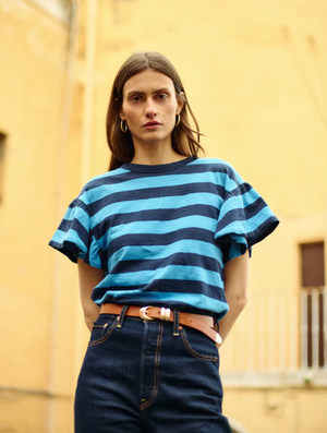 Camille Ruffle Sleeve Top Rugby Stripe