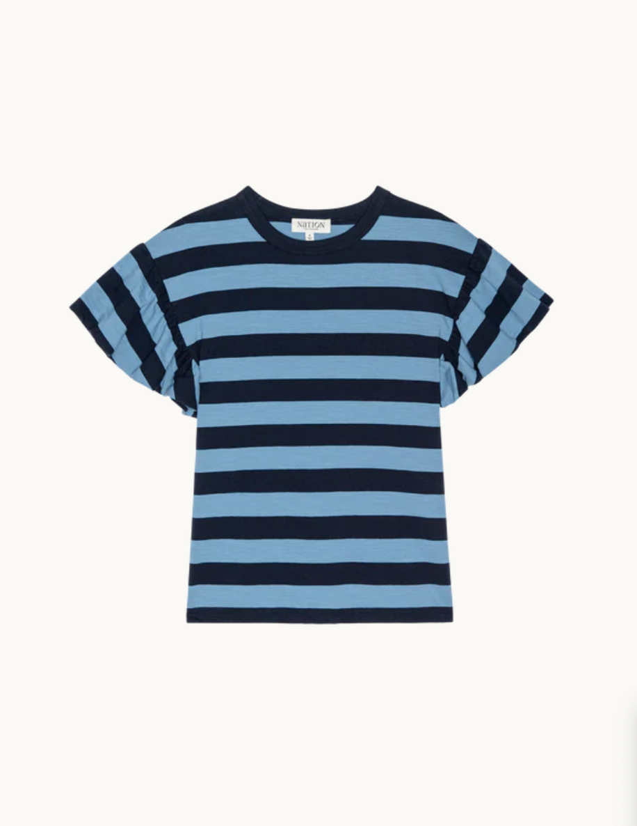 Camille Ruffle Sleeve Top Rugby Stripe