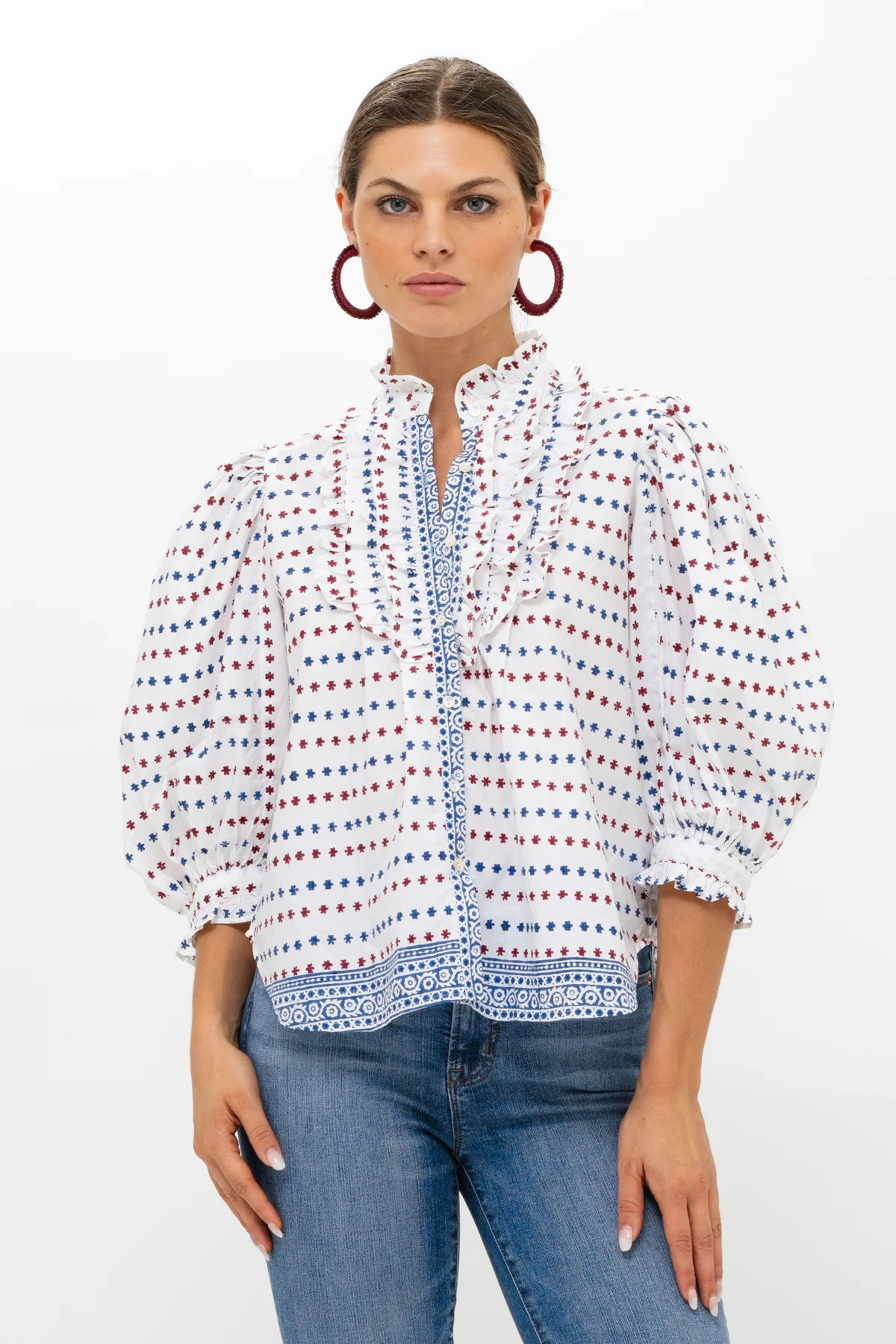 Ruffle Front Button Blouse Ellis Blue