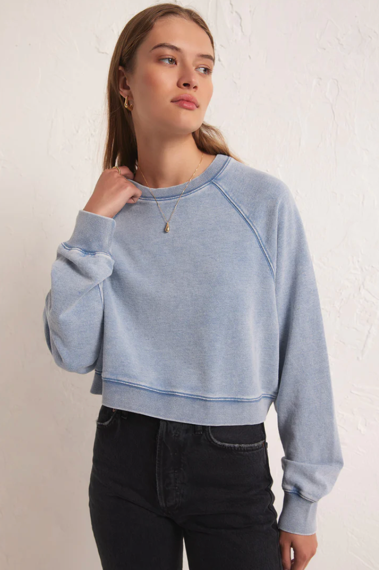 Crop Out Knit Denim Sweatshirt- Washed Indigo
