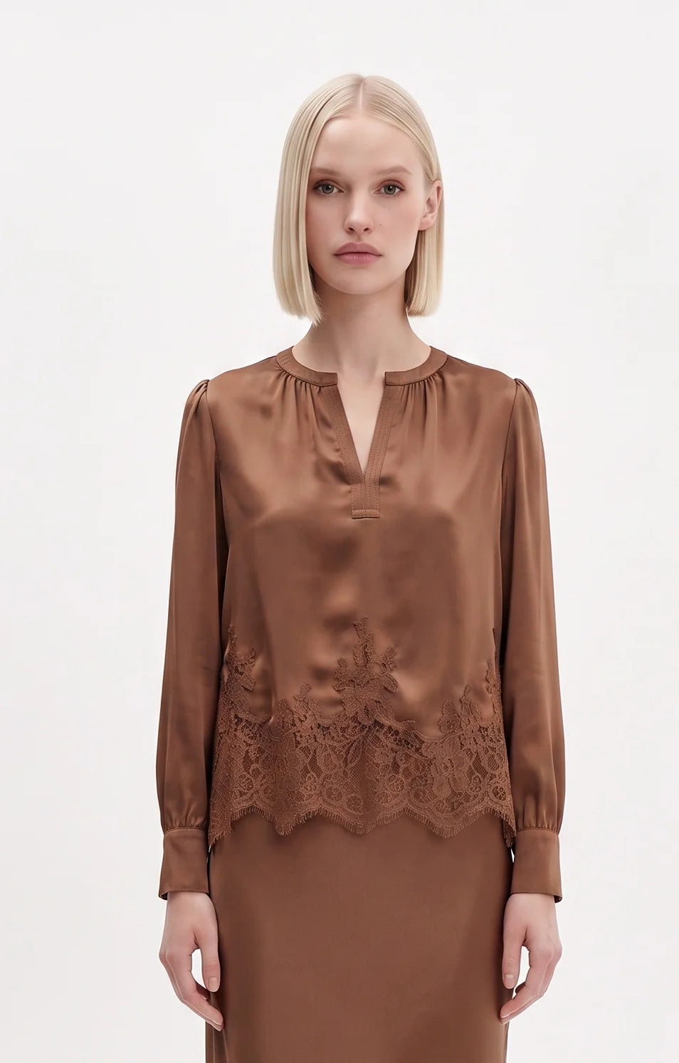 Lace Hem Midi Skirt- Mocha