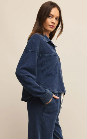 All Day Cropped Knit Denim Jacket Vintage Indigo