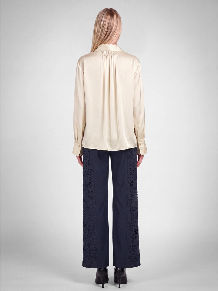 Collar Neck w/Tie Blouse-Ecru