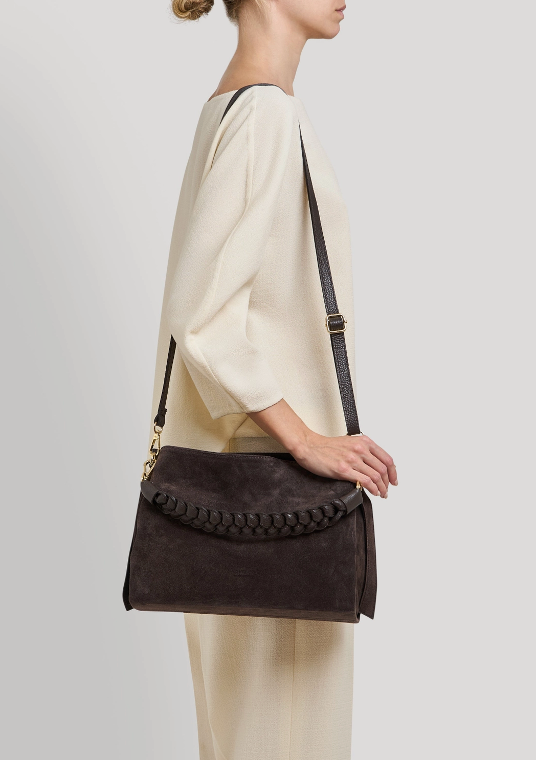 Braid Bag in Dark Brown Suede and Dollaro Leather