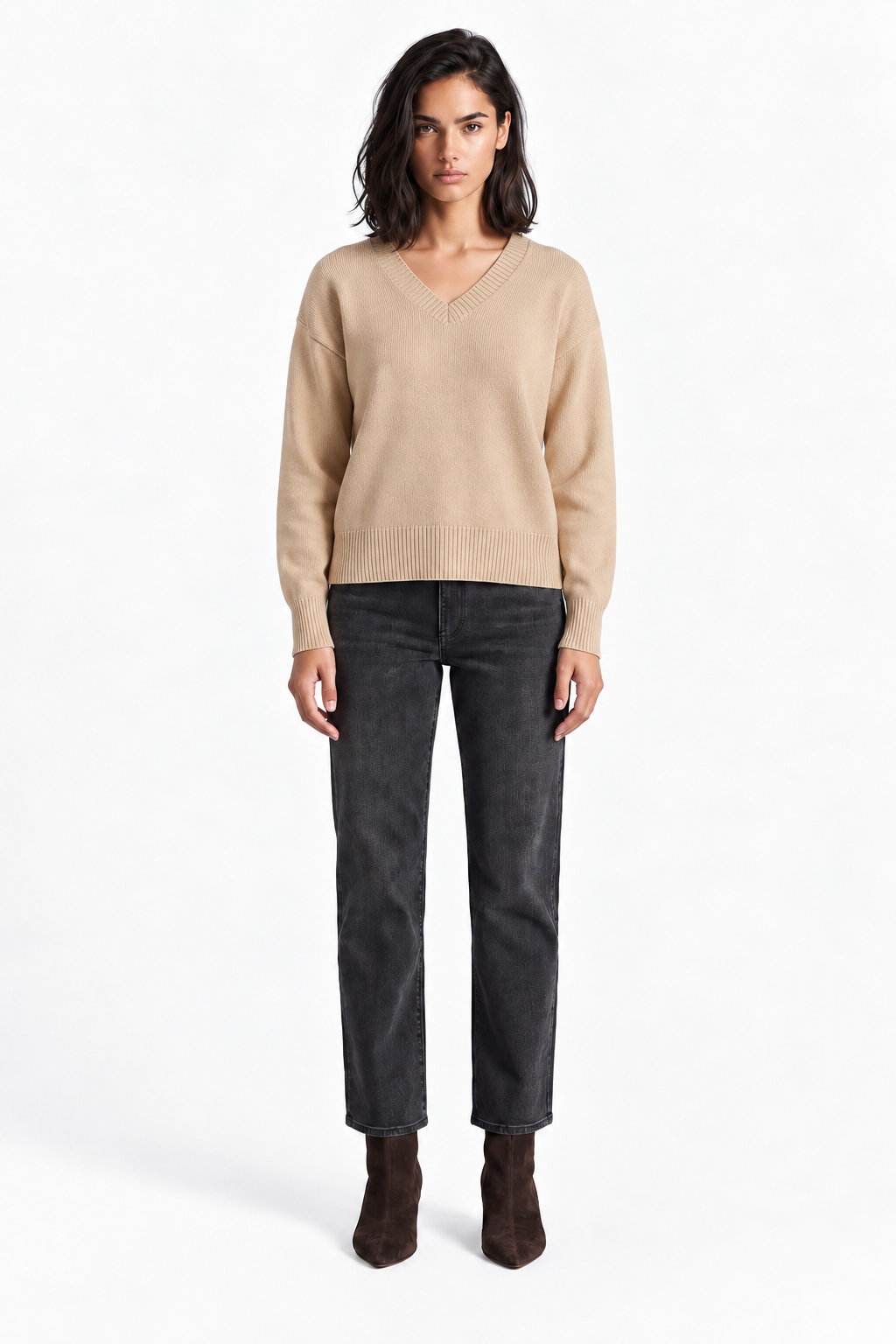 Emily V-Neck Sweater-Wheat