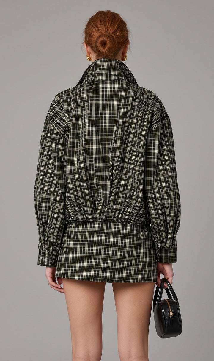 Cooper Funnel Collar Jacket-Black/Green Plaid