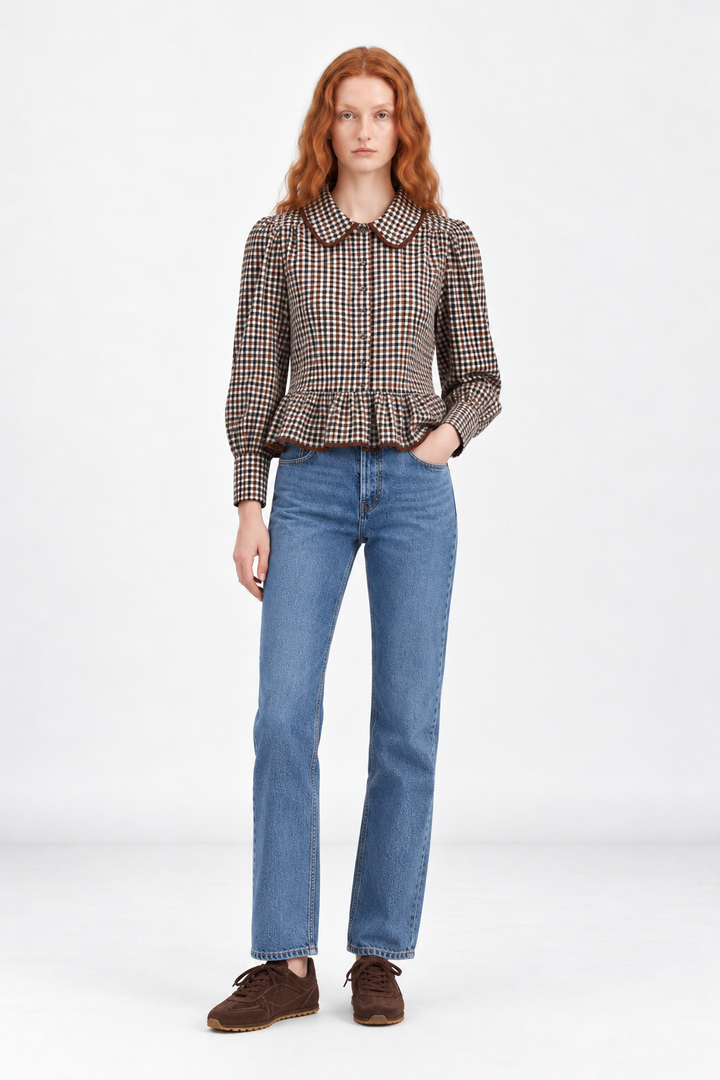 Gingham Collared Top-Brown