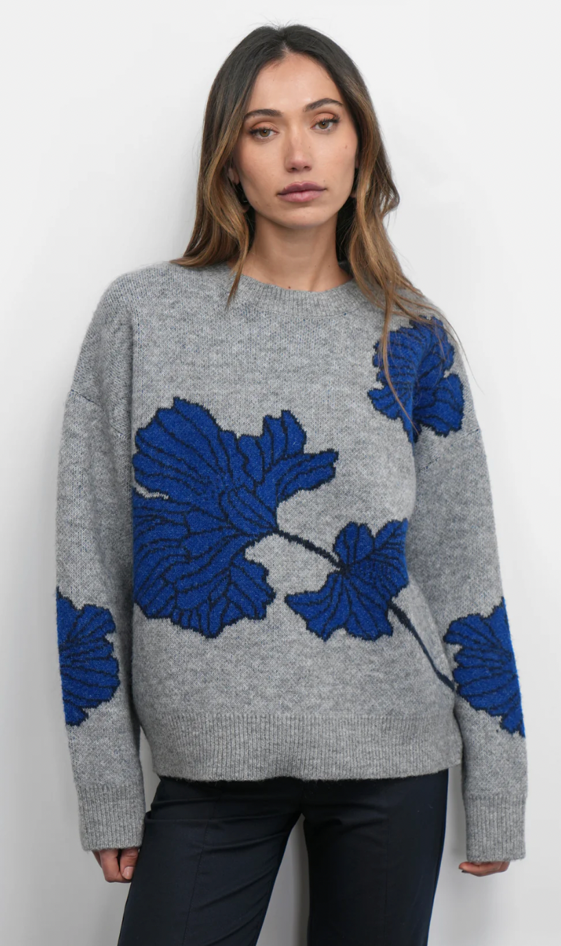 Bennett Intarsia Flower Sweater Grey/Sapphire