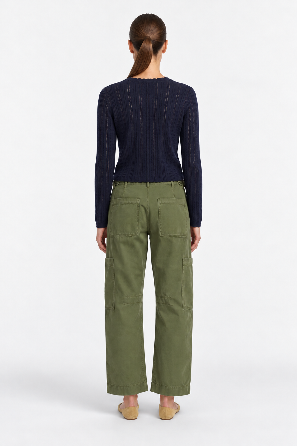 Scalloped Pointelle Knit Top-Navy