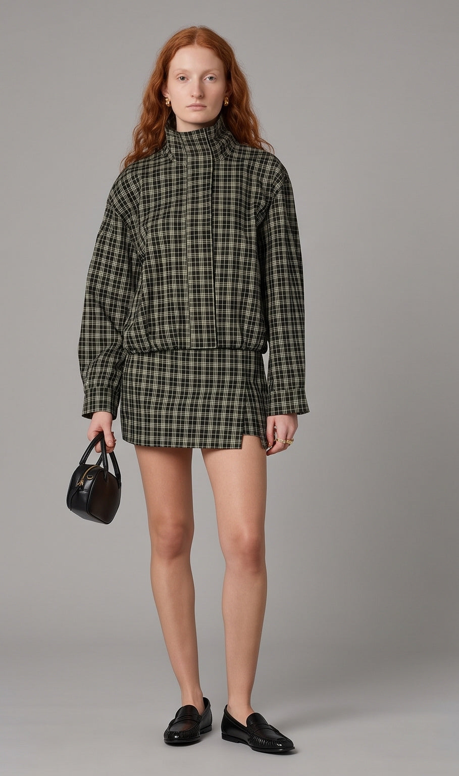 Cooper Funnel Collar Jacket-Black/Green Plaid