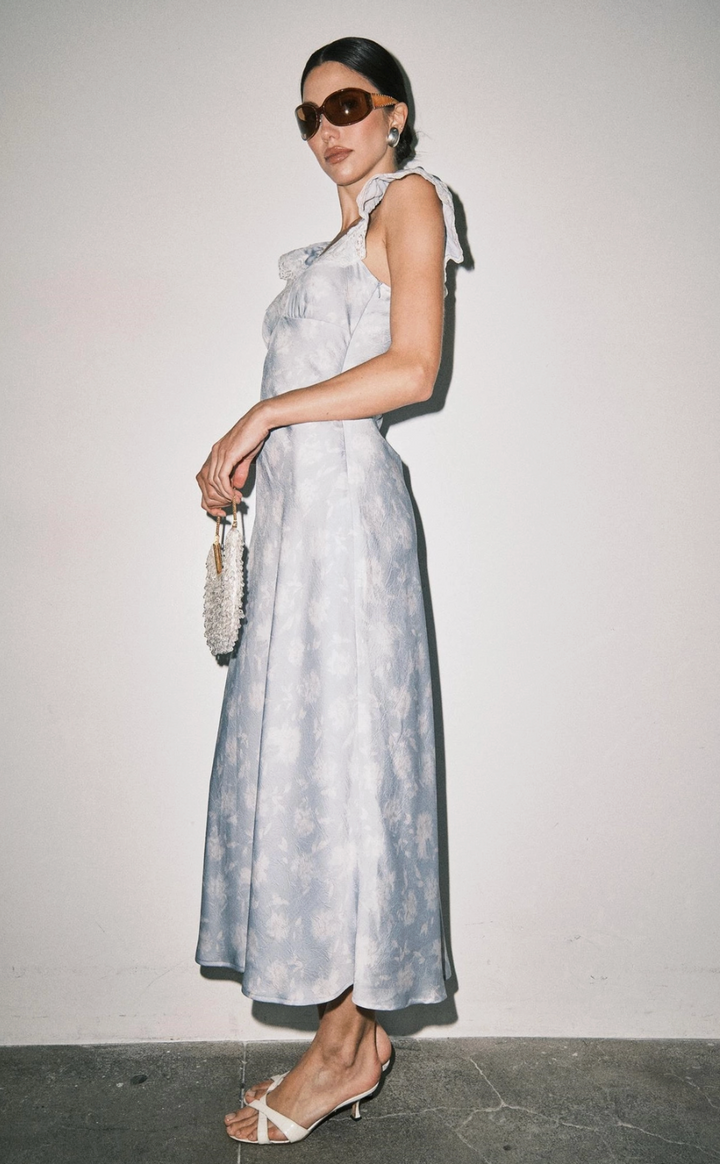 Camille Floral Satin Dress-Light Blue